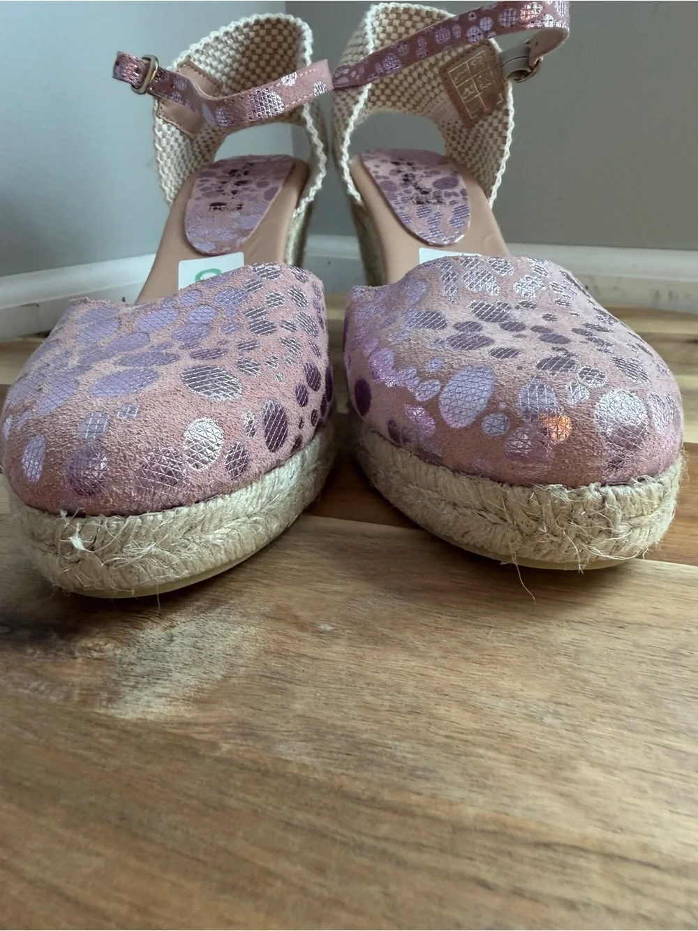 Helene Rouge Spain Pink Metallic Polka Dot Espadrille Wedge Sandals Sz 9 Leather